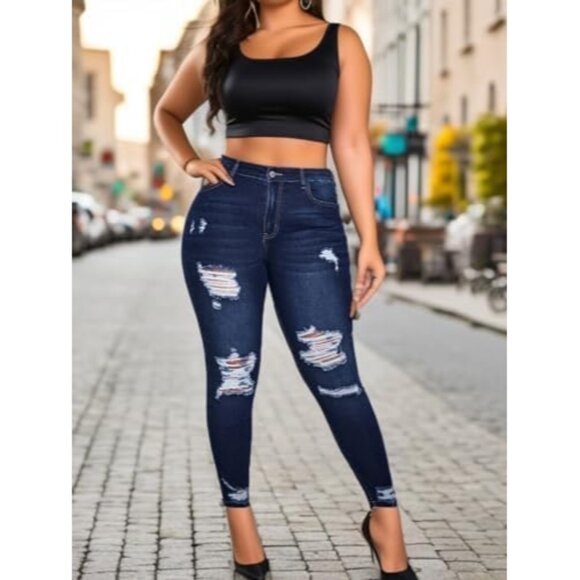 Plus Size Women Stretch Skinny Jeans High Waist Ankle Ripped Tummy Control - Picture 6 of 7